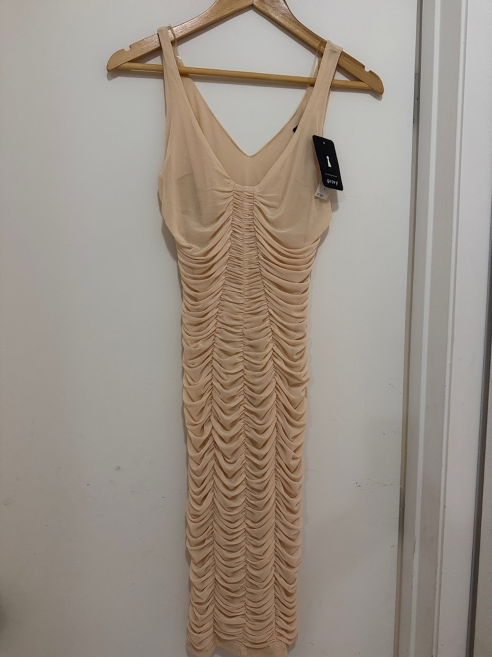 privy Sleeveless Ruched Midi Dress in Nude Peach